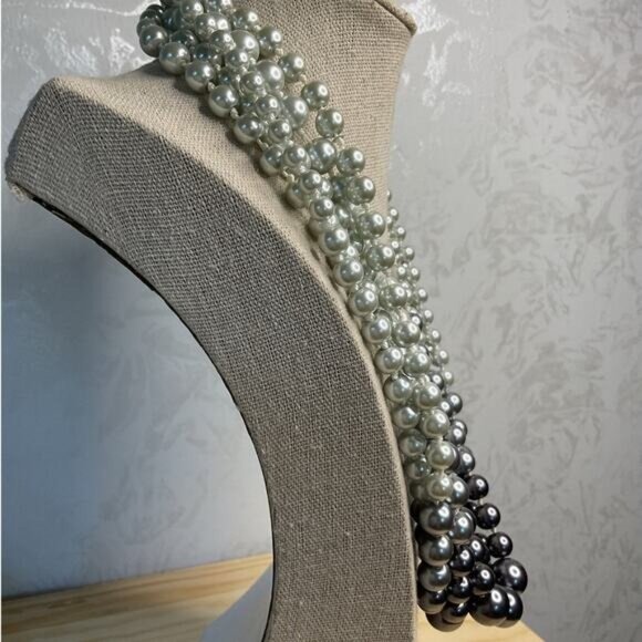 Multi Strand Graduated Light Gray Dark Gray Faux Pearl Round Bead Necklace - Picture 3 of 5